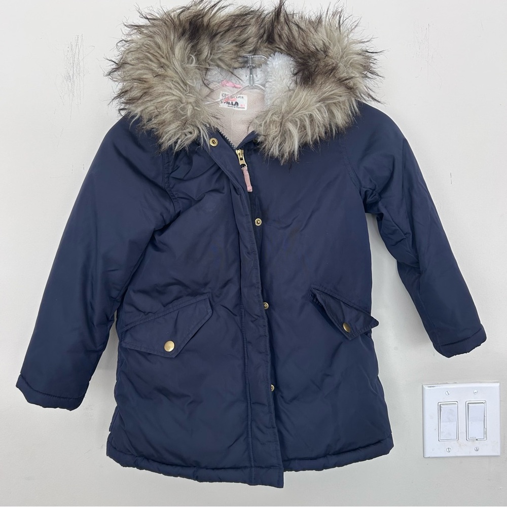 JCrew Crewcuts Boys Navy Fishtail Parka Coat Jacket Fur Size 6-8